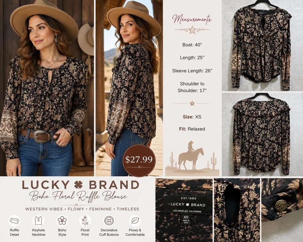Lucky Brand XS Floral Ruffle Blouse Black Tan Boho Long Sleeve Keyhole Top EUC